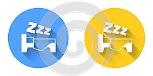 White Time to sleep icon isolated with long shadow background. Sleepy zzz. Healthy lifestyle. Circle button. Vector