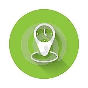 White Time zone clocks icon isolated with long shadow background. Green circle button. Vector