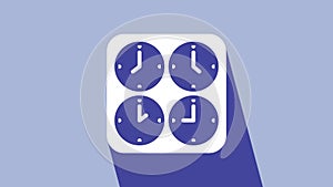 White Time zone clocks icon isolated on purple background. 4K Video motion graphic animation