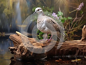 White tipped Dove on Log  Made With Generative AI illustration