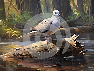 White tipped Dove on Log  Made With Generative AI illustration