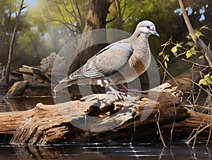 White tipped Dove on Log  Made With Generative AI illustration