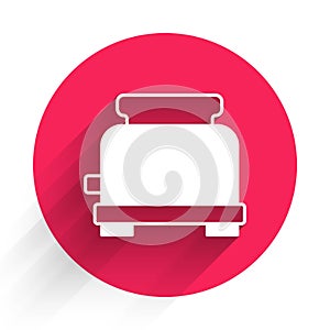 White Toaster icon isolated with long shadow. Red circle button. Vector