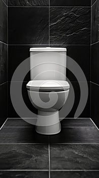 White toilet against black tiled wall in modern bathroom