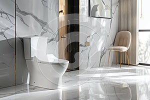 A white toilet with a black lid sits in a bathroom with a marble wall