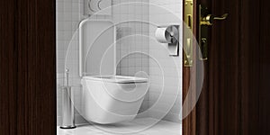 White toilet bowl and accessories on tiled wall and floor background. 3d illustration