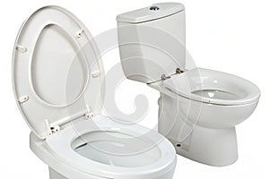 White toilet bowl with lid open on white background photo