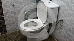 White toilet bowl seat in a modern interior design bathroom with pebble wash floor