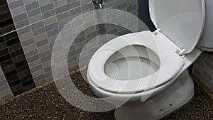 White toilet bowl seat in a modern interior design bathroom with pebble wash floor