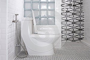 White toilet bowl, stainless steel bidet spray and glass block in partition wall with tile wall decoration inside of modern