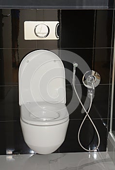 White toilet bowl with thermostatic electric Bidet shower  for bathroom