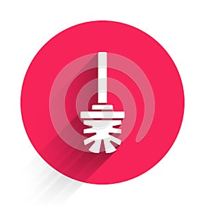 White Toilet brush icon isolated with long shadow. Red circle button. Vector