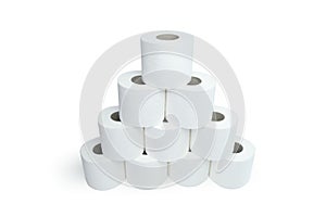 White toilet roll paper stacked in a pyramid shape. Angled shot from above, isolated on white