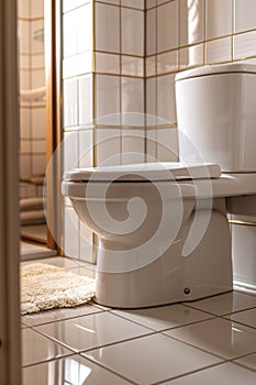 A white toilet sitting in a bathroom with tiled walls, AI