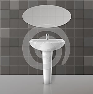 White toilets mockup. Realistic toilet interior, gray tiles on wall, white sink and hanging oval mirror, ceramic