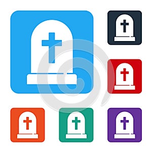 White Tombstone with cross icon isolated on white background. Grave icon. Happy Halloween party. Set icons in color