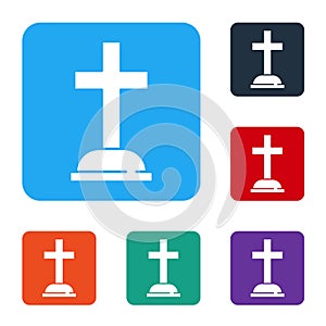 White Tombstone with cross icon isolated on white background. Grave icon. Set icons in color square buttons. Vector