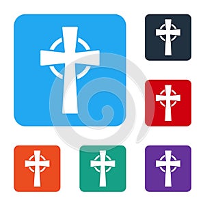 White Tombstone with cross icon isolated on white background. Grave icon. Set icons in color square buttons. Vector