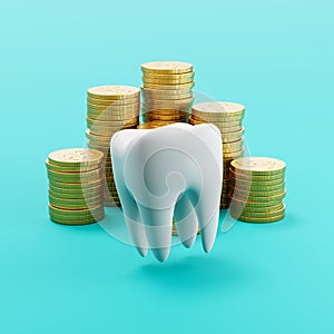 White Tooth ahead of Stacks of Coins on Blue Background