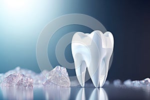 White tooth on blue background next to gemstones, the light emphasizes the purity of the tooth