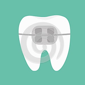 White tooth braces icon. Brace teeth. Cute cartoon funny icon. Oral dental hygiene. Children teeth care. Flat design. Green