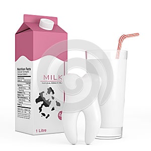 White Tooth in front of Glass of Milk and Milk Carton Box. 3d Rendering photo