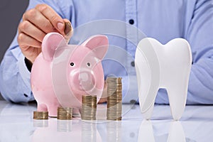 White Tooth Beside Man Inserting Coin In Piggy Bank