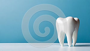 White tooth model on blue background. Dental care. Stomatology clinic, orthodontist\'s business