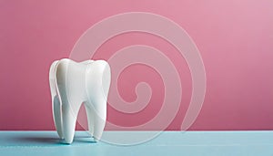 White tooth model on pink background. Dental care. Stomatology clinic, orthodontist\'s business