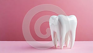 White tooth model on pink background. Dental care. Stomatology clinic, orthodontist\'s business