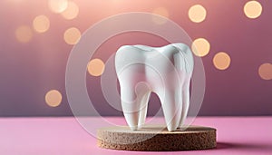 White tooth model on pink background. Dental care. Stomatology clinic, orthodontist\'s business