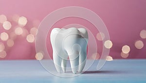 White tooth model on pink background. Dental care. Stomatology clinic, orthodontist\'s business