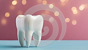 White tooth model on pink background. Dental care. Stomatology clinic, orthodontist\'s business