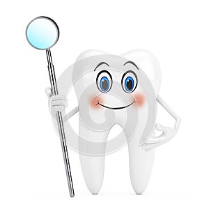 White Tooth Person Character Mascot with Dental Inspection Mirror for Teeth. 3d Rendering