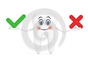 White Tooth Person Character Mascot with Red Cross and Green Check Mark, Confirm or Deny, Yes or No Icon Sign. 3d Rendering