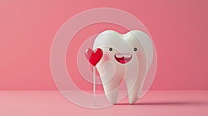 White tooth standing with a staff with a heart on a monochrome background. valentine\'s day ecard for dentist