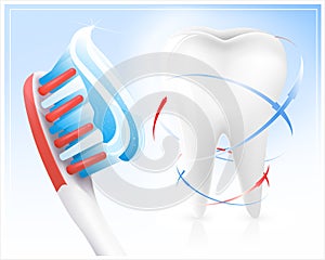 White tooth, toothbrush and toothpaste.