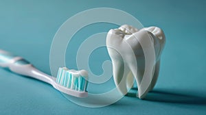 White tooth, tube of toothpaste and toothbrush with on pastel blue background. People's dental hygiene.