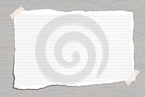 White torn lined note, notebook paper with torn edges and stains stuck with sticky tape on gray backgroud. Vector