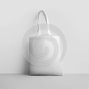 White totebag 3d rendering mockup with handles, texture ecobag for products, goods, isolated on wall background