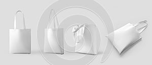 White totebag mockup with handles, 3D rendering, with space for design, pattern, print. Set