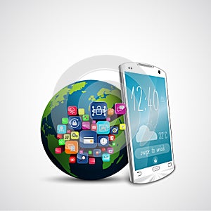 White touch screen smartphone with application icons and green Earth globe on white background