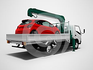 White tow truck with green crane is loaded with red car right side 3d render on gray background with shadow