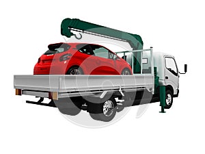 White tow truck with green crane is loaded with red car right side 3d render on white background no shadow