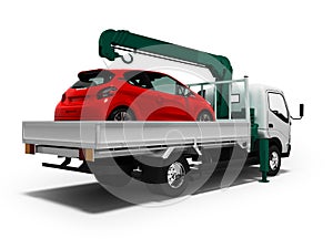 White tow truck with green crane is loaded with red car right side 3d render on white background with shadow