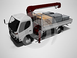 White tow truck with red crane full of building materials 3d render on gray background with shadow