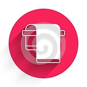 White Towel on hanger icon isolated with long shadow background. Bathroom towel icon. Red circle button. Vector