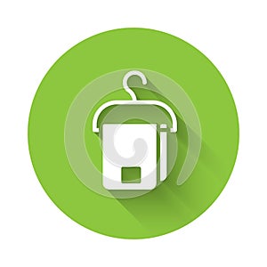 White Towel on hanger icon isolated with long shadow. Bathroom towel icon. Green circle button. Vector