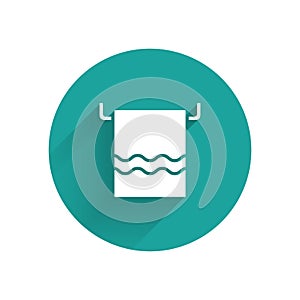 White Towel on a hanger icon isolated with long shadow. Bathroom towel icon. Green circle button. Vector. Illustration