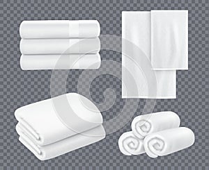 White towel. Hotel bathroom hygiene textile stacked beautiful fresh towels for washing room vector realistic sets